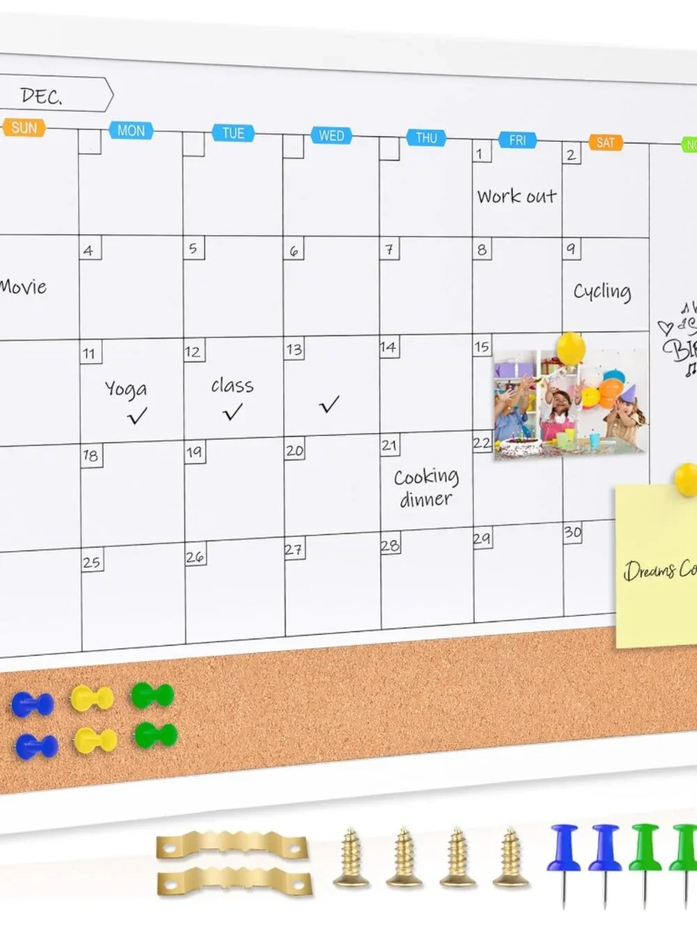 Monthly Whiteboard Calendar with Cork Board for Wall, 17